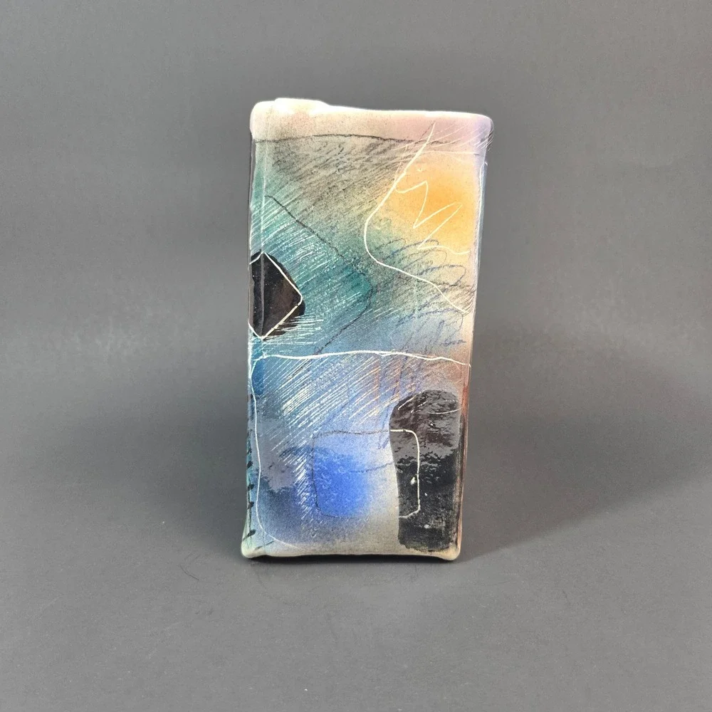 Abstract Studio Pottery Square Vase Signed Artisan Ceramic Slab Built Blue Teal
